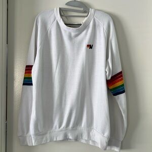 Aviator Nation white rainbow striped crewneck sweatshirt Size L